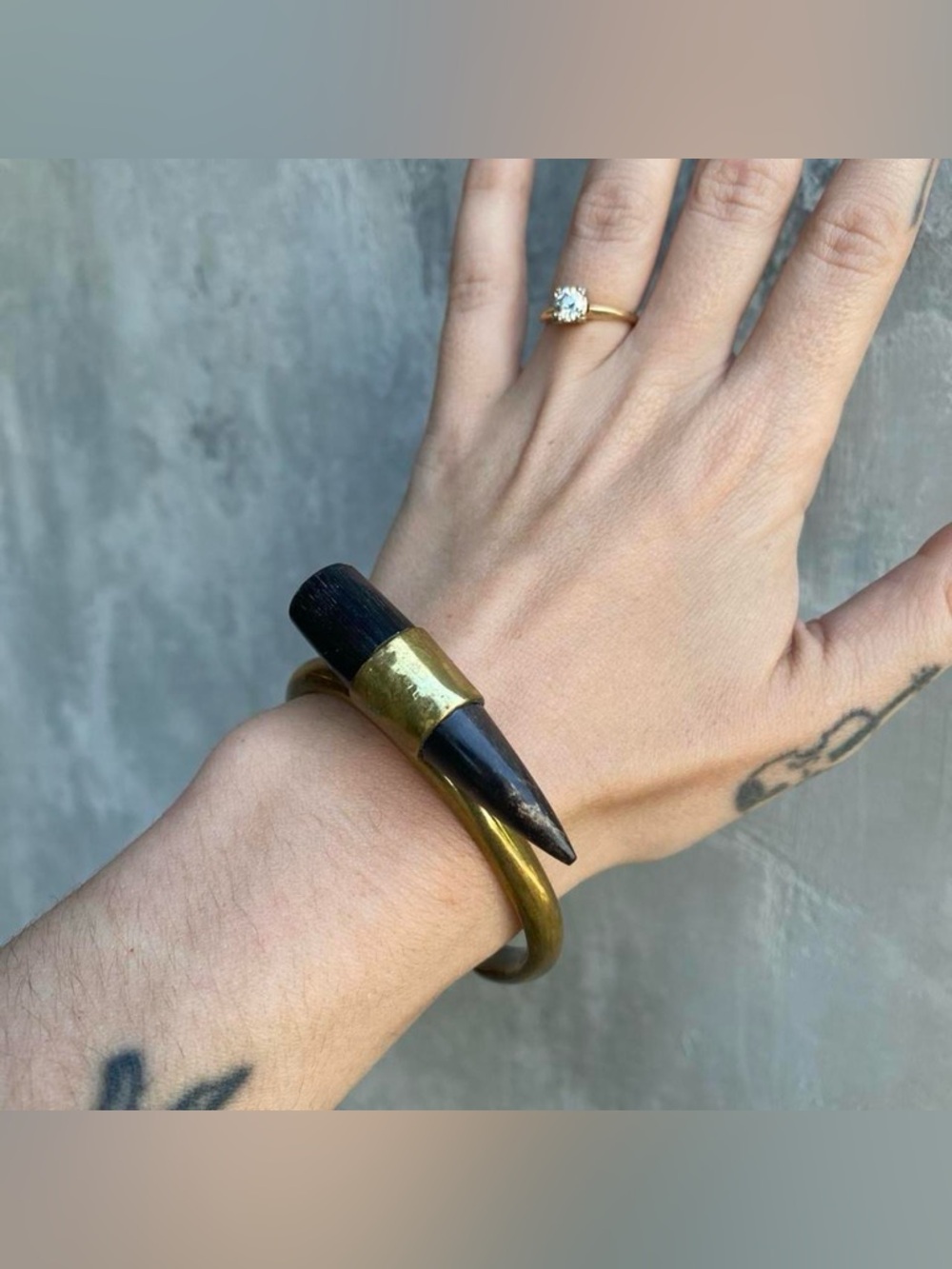 Vintage Brass and Stone Spike Bangle Cuff Bracelet